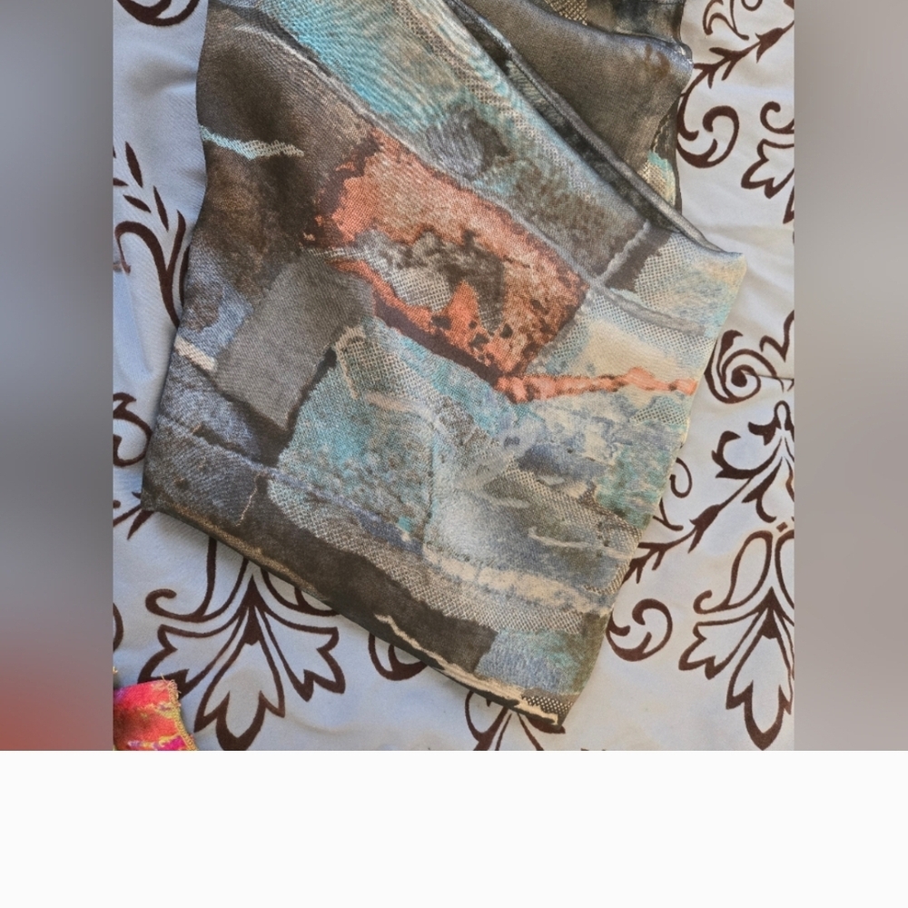 Abstract Blue Patterned Rectangle Silky Polyester Scarf